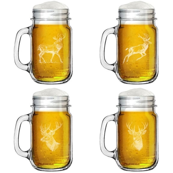 16oz Mason Jar Glass Mug w/Handle Gift Set of 4 Deer Collection