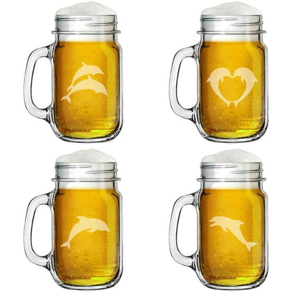 16oz Mason Jar Glass Mug w/Handle Gift Set of 4 Dolphin Collection