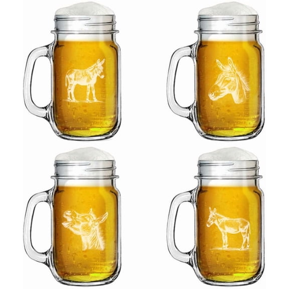16oz Mason Jar Glass Mug w/Handle Gift Set of 4 Donkey Collection