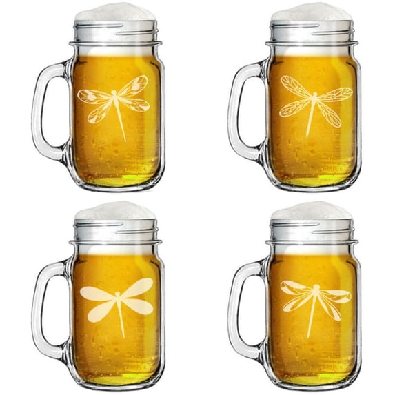16oz Mason Jar Glass Mug w/Handle Gift Set of 4 Dragonfly Collection