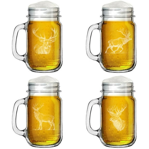 16oz Mason Jar Glass Mug w/Handle Gift Set of 4 Elk Collection