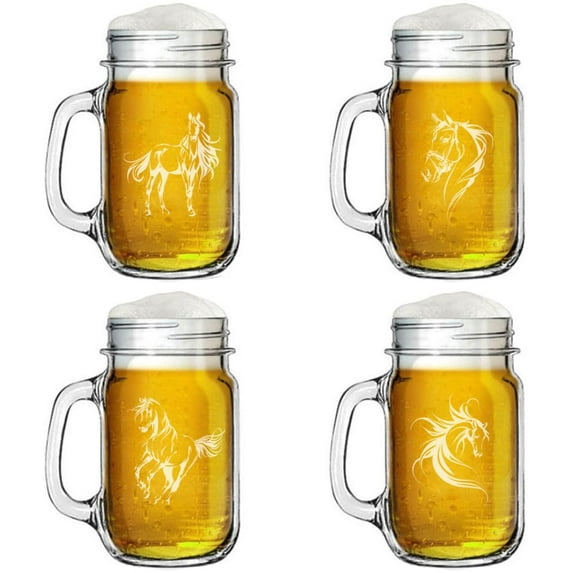 16oz Mason Jar Glass Mug w/Handle Gift Set of 4 FANCY Horse Collection