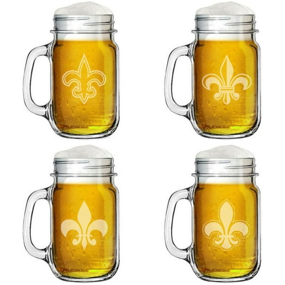 16oz Mason Jar Glass Mug w/Handle Gift Set of 4 Fleur De Lis Collection