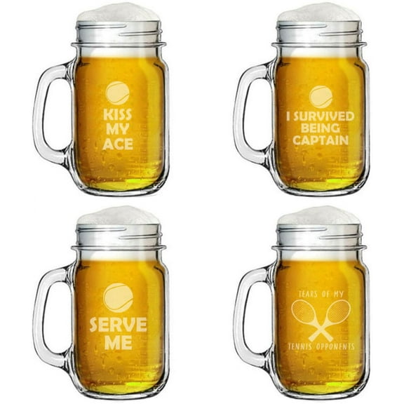 16oz Mason Jar Glass Mug w/Handle Gift Set of 4 Funny Tennis Collection