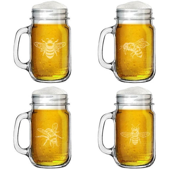 16oz Mason Jar Glass Mug w/Handle Gift Set of 4 Honey Bee Collection