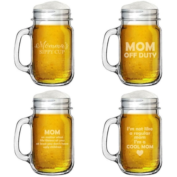 16oz Mason Jar Glass Mug w/Handle Gift Set of 4 Mom Collection Funny For Mom Mother