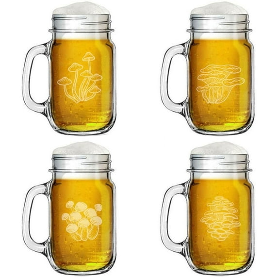 16oz Mason Jar Glass Mug w/Handle Gift Set of 4 Mushroom Collection