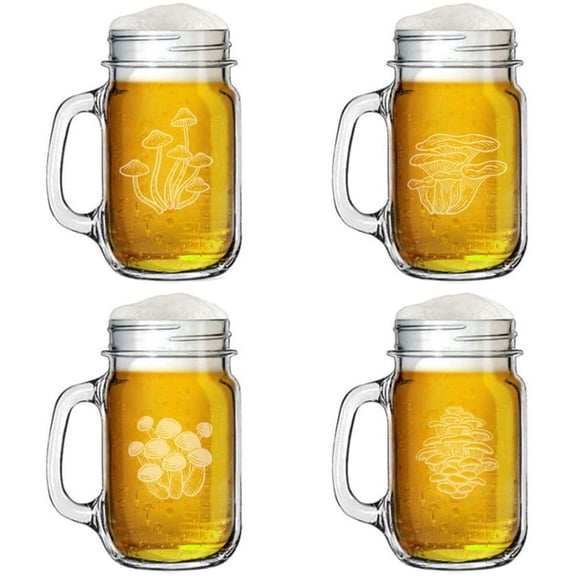 16oz Mason Jar Glass Mug w/Handle Gift Set of 4 Mushroom Collection