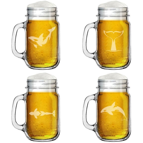 16oz Mason Jar Glass Mug w/Handle Gift Set of 4 Orca Killer Whale Collection