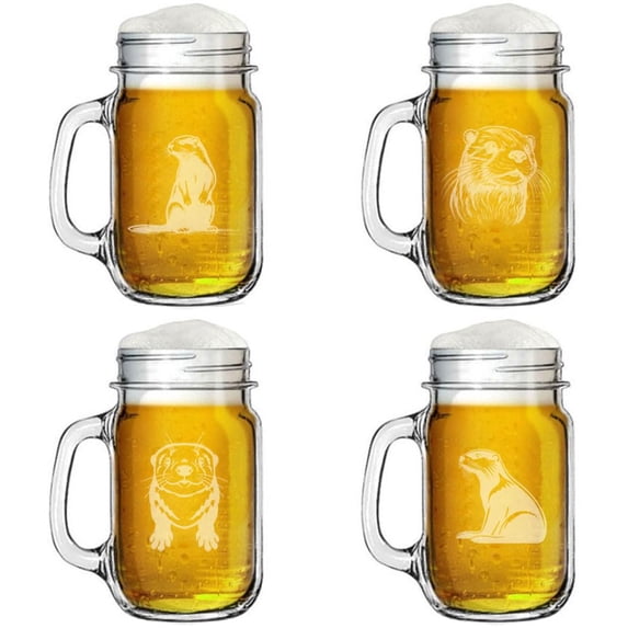 16oz Mason Jar Glass Mug w/Handle Gift Set of 4 Otter Collection