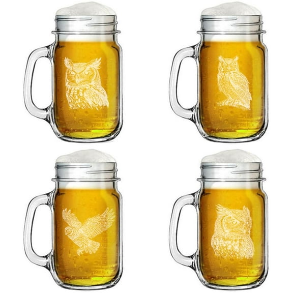16oz Mason Jar Glass Mug w/Handle Gift Set of 4 Owl Collection