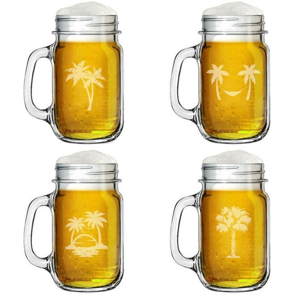 16oz Mason Jar Glass Mug w/Handle Gift Set of 4 Palm Tree Collection