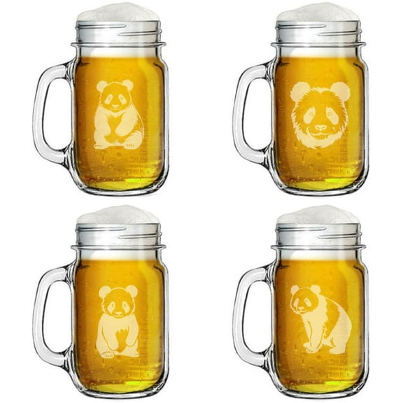 16oz Mason Jar Glass Mug w/Handle Gift Set of 4 Panda Collection