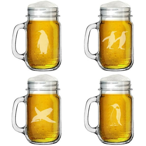 16oz Mason Jar Glass Mug w/Handle Gift Set of 4 Penguin Collection