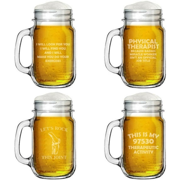 16oz Mason Jar Glass Mug w/Handle Gift Set of 4 Physical Therapist Collection