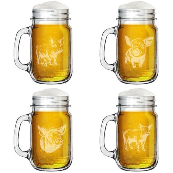 16oz Mason Jar Glass Mug w/Handle Gift Set of 4 Pig Collection