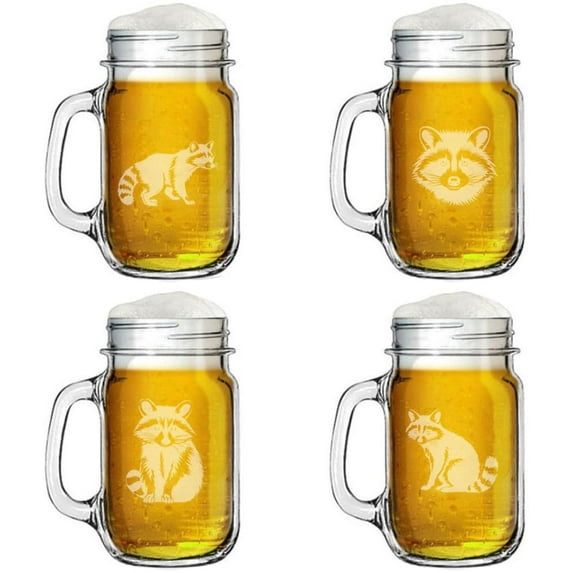 16oz Mason Jar Glass Mug w/Handle Gift Set of 4 Raccoon Collection