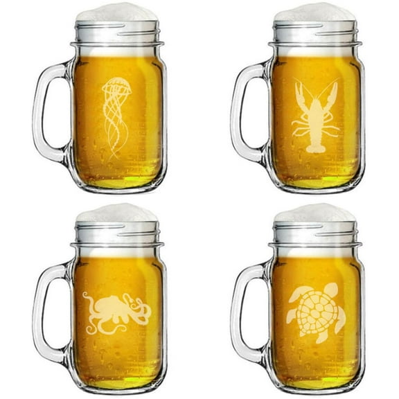 16oz Mason Jar Glass Mug w/Handle Gift Set of 4 Sea Ocean Life Collection One