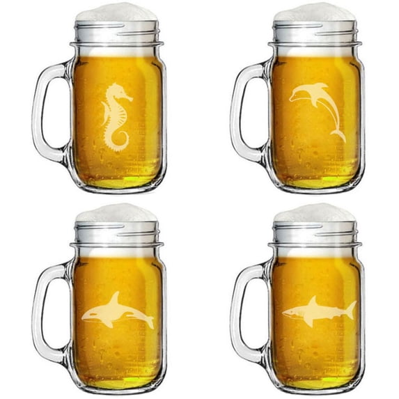 16oz Mason Jar Glass Mug w/Handle Gift Set of 4 Sea Ocean Life Collection Two