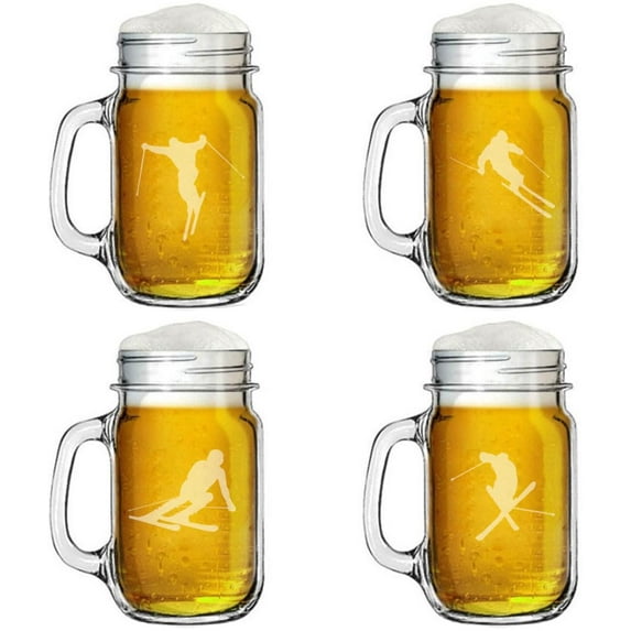 16oz Mason Jar Glass Mug w/Handle Gift Set of 4 Ski Skier Collection