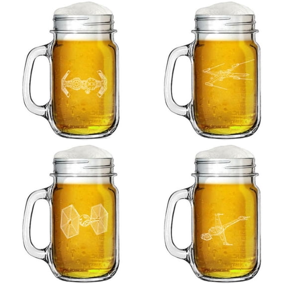 16oz Mason Jar Glass Mug w/Handle Gift Set of 4 Spaceship Collection One