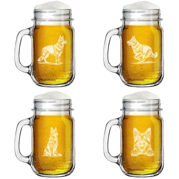 16oz Mason Jar Glass Mug w/Handle Gift Set of 4 Stylized German Shepherd Collection