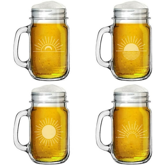 16oz Mason Jar Glass Mug w/Handle Gift Set of 4 Sun Sunrise Sunset Boho Collection