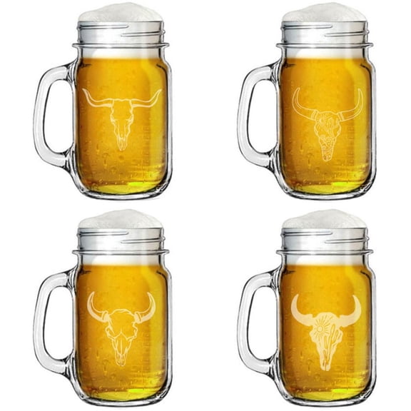 16oz Mason Jar Glass Mug w/Handle Gift Set of 4 Western Cow Skull Collection