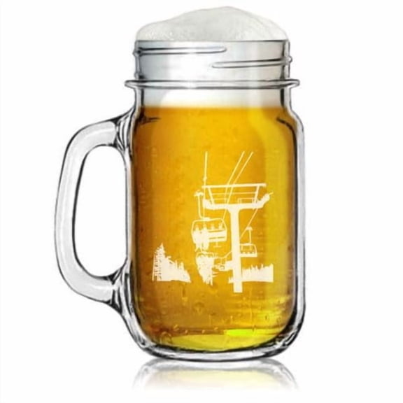 16oz Mason Jar Glass Mug w/Handle Gift Ski Lift Skiing Skier