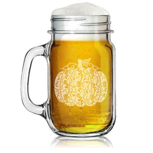 16oz Mason Jar Glass Mug w/Handle Gift Swirly Pumpkin