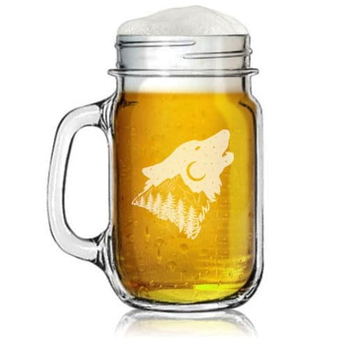 16oz Mason Jar Glass Mug w/Handle Gift Wolf Forest Mountains Stars Moon