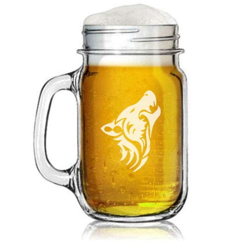 16oz Mason Jar Glass Mug w/Handle Tribal Wolf