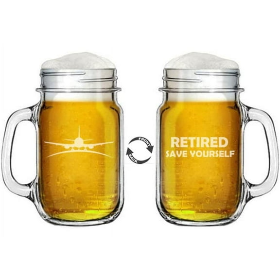 16oz Mason Jar Glass Mug w/Handle Two Sided Retirement Gift Airplane Pilot Flight Attendant Retired Save Yourself