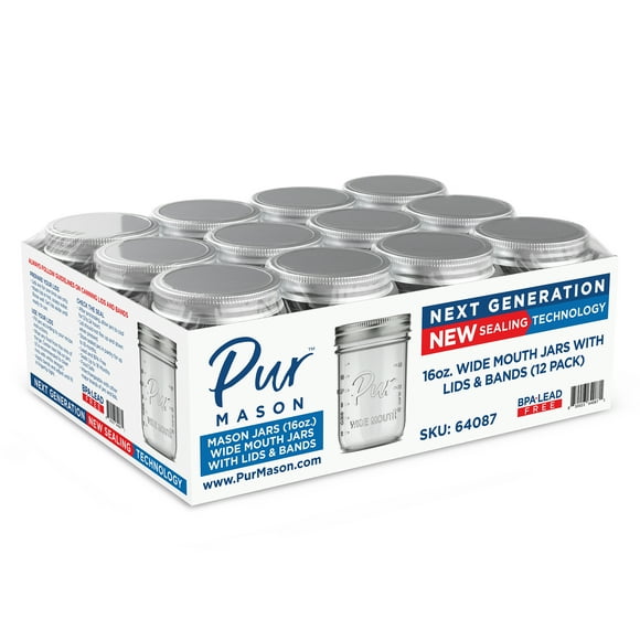 16oz Mason Jar, Wide Mouth with Canning Lid and Band - Case of 12