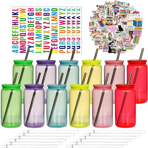 16oz Mason Jars Cups, 12 Pack Can shaped Plastic Cups with and Straws, Iced Coffee Cup Cute Drinking Glass Unbreakable Tumbler for , Soda, Iced , Colored