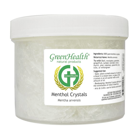 16oz - Menthol Crystals - 100% Pure, Packaged in a White Plastic Jar - GreenHealth