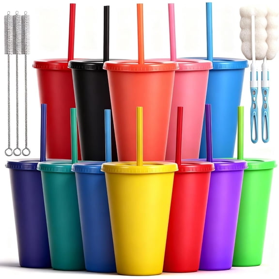 16oz Plastic Cups with and Straws, 12 Pack, Rainbow