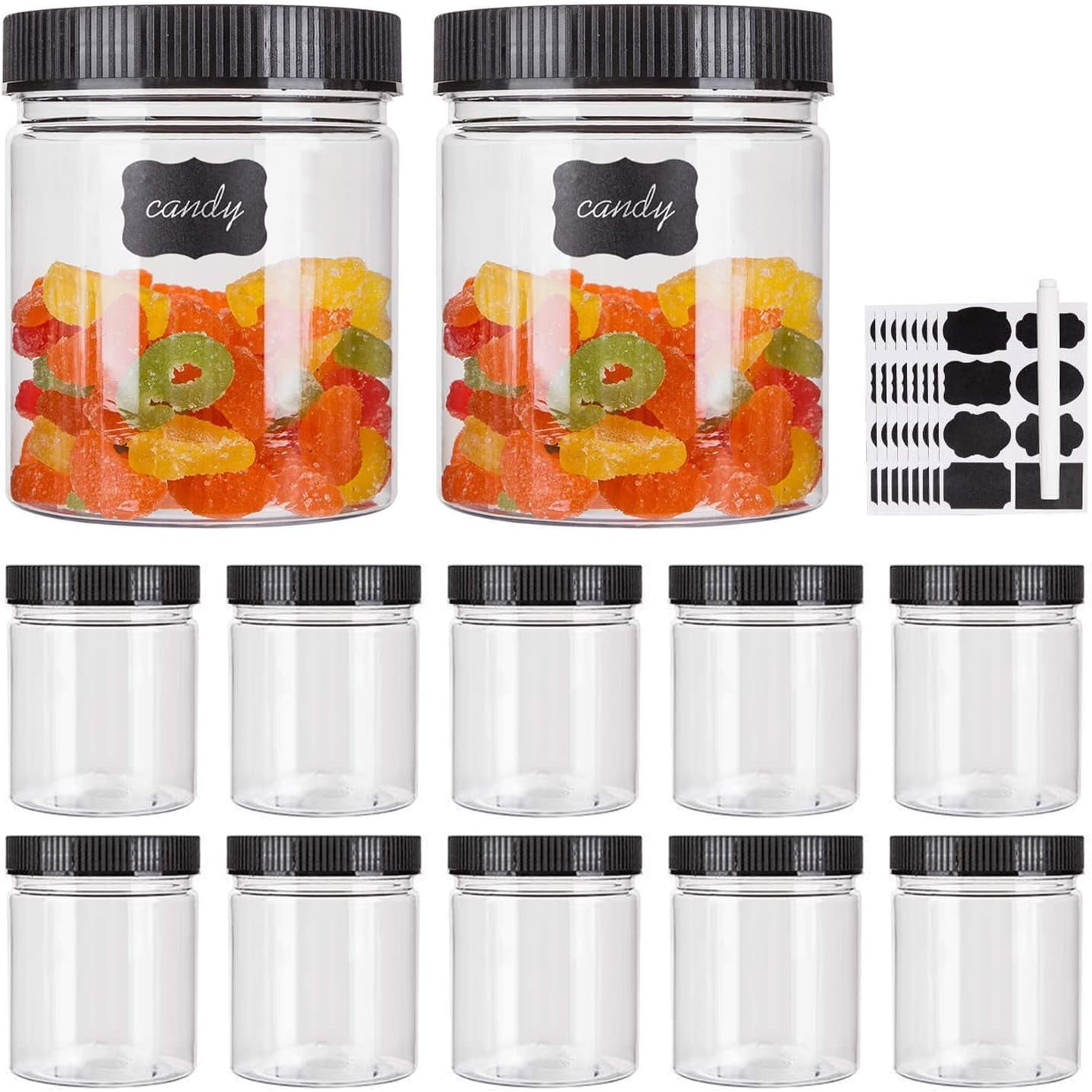 Food Jars, 16 oz Clear PET Plastic Jars w/ Red Ribbed Induction