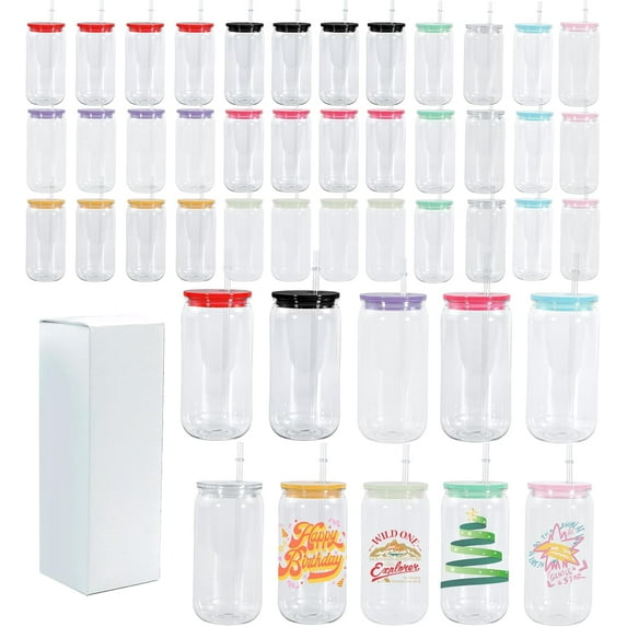 16oz Plastic Mason Jars, 50Pack Clear Mason Drinking Acrylic Cups with Colored Lids, Plastic Straws Iced Coffee Cups Unbreakable Tumblers
