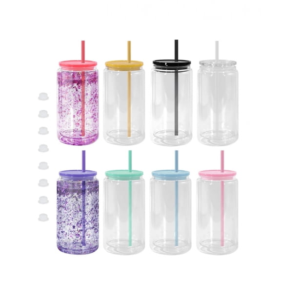 16oz Plastic Snow Globe Tumbler Cup 8 Pack Pre Drilled Double Wall Plastic Can With Lid And Straw Double Wall Snowglobe Cup