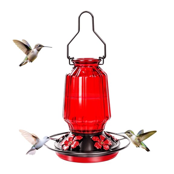 Jiesxyii 16 fl oz Red Glass Hummingbird Feeder, Leakproof with Pre-Assembled Metal Hanging Hook, 5-Port Outdoor Bird Feeder