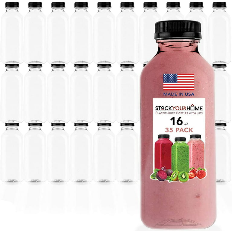 16oz Reusable Plastic Juice Bottles with Caps, 35 Pack, Clear