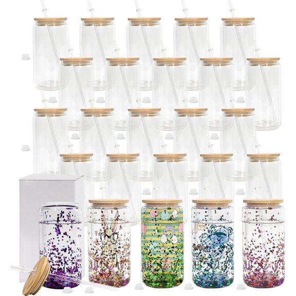 16oz SnowGlobe Cups, 25pack Sublimation Snowglobe Cup with and Straws, Double Walled Glass Mug Bulk, Pre Drilled Glass Blank for Snow Globe Glitter, Individual Packaging