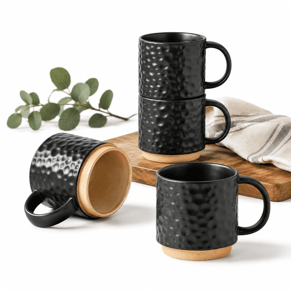 16oz Stackable Coffee Mug Set Large Ceramic Of 4 Cup For Cappuccino/latte/cocoa Dishwasher &wave Safe Matte Black