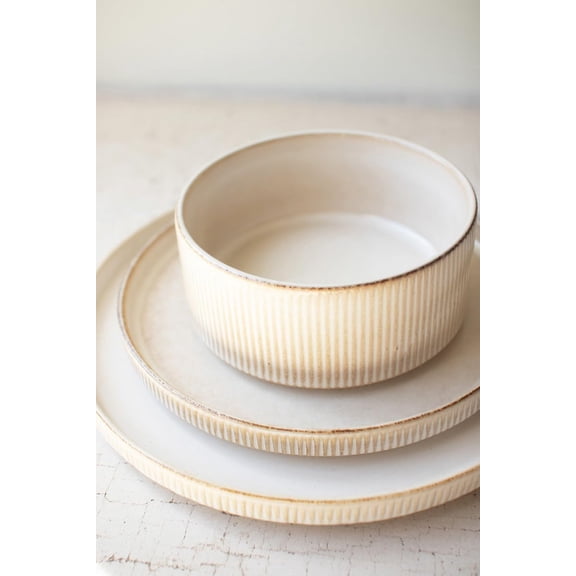 Kalalou Ceramic Dinner Plate, Salad Plate and Bowl with Ridges, Set of 3, Kitchen Accessories