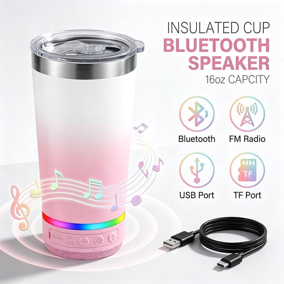 16oz Stainless Steel Tumbler Bluetooth Speaker Mug, LED Lights, TWS Stereo, FM Radio, USB TF Card, Rechargeable Cup Speaker for Travel, Office & Outdoor Use