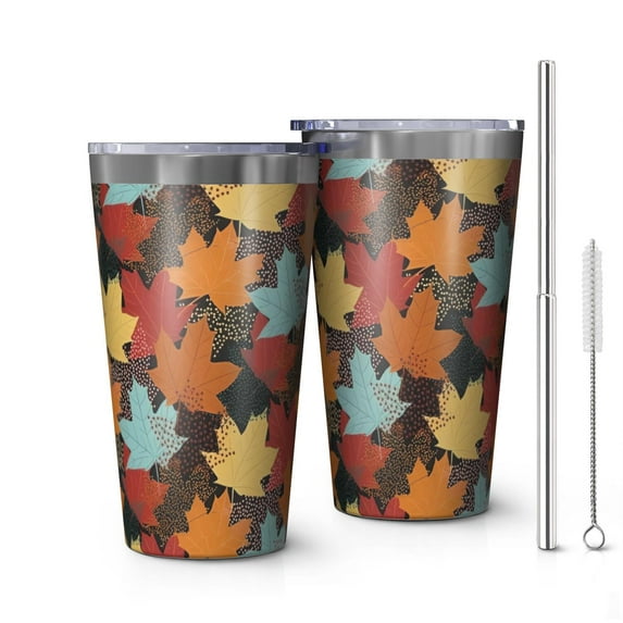16oz Tumblers Autumn Fall Leaves Pattern Stainless Steel Vacuum Insulated Double Wall Travel Tumbler Cups Mug with Lid and Straw,Cleaning Brush for Coffee,Tea