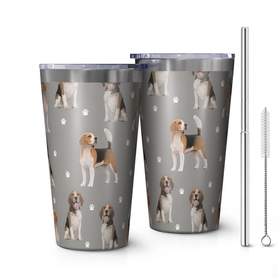 16oz Tumblers Beagle and Dog Footprints Stainless Steel Vacuum Insulated Double Wall Travel Tumbler Cups Mug with Lid and Straw,Cleaning Brush for Coffee,Tea