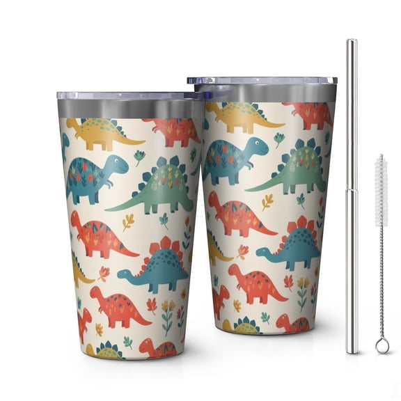 16oz Tumblers Beige Cartoon Dinosaurs Flowers Pattern Stainless Steel Vacuum Insulated Double Wall Travel Tumbler Cups Mug with Lid and Straw,Cleaning Brush for Coffee,Tea