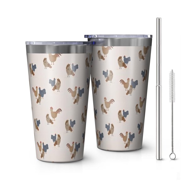 16oz Tumblers Beige Chicken Group Pattern Stainless Steel Vacuum Insulated Double Wall Travel Tumbler Cups Mug with Lid and Straw,Cleaning Brush for Coffee,Tea